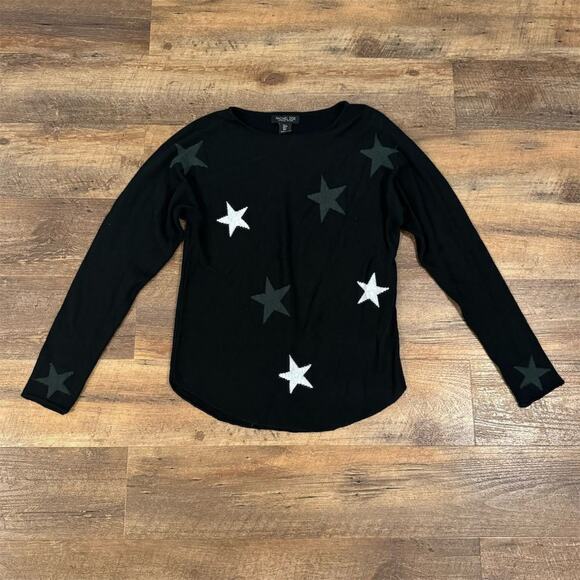 Rachel Zoe S Black Star Print Pullover Sweater Crew Neck Cashmere Blend Preppy - Picture 1 of 13